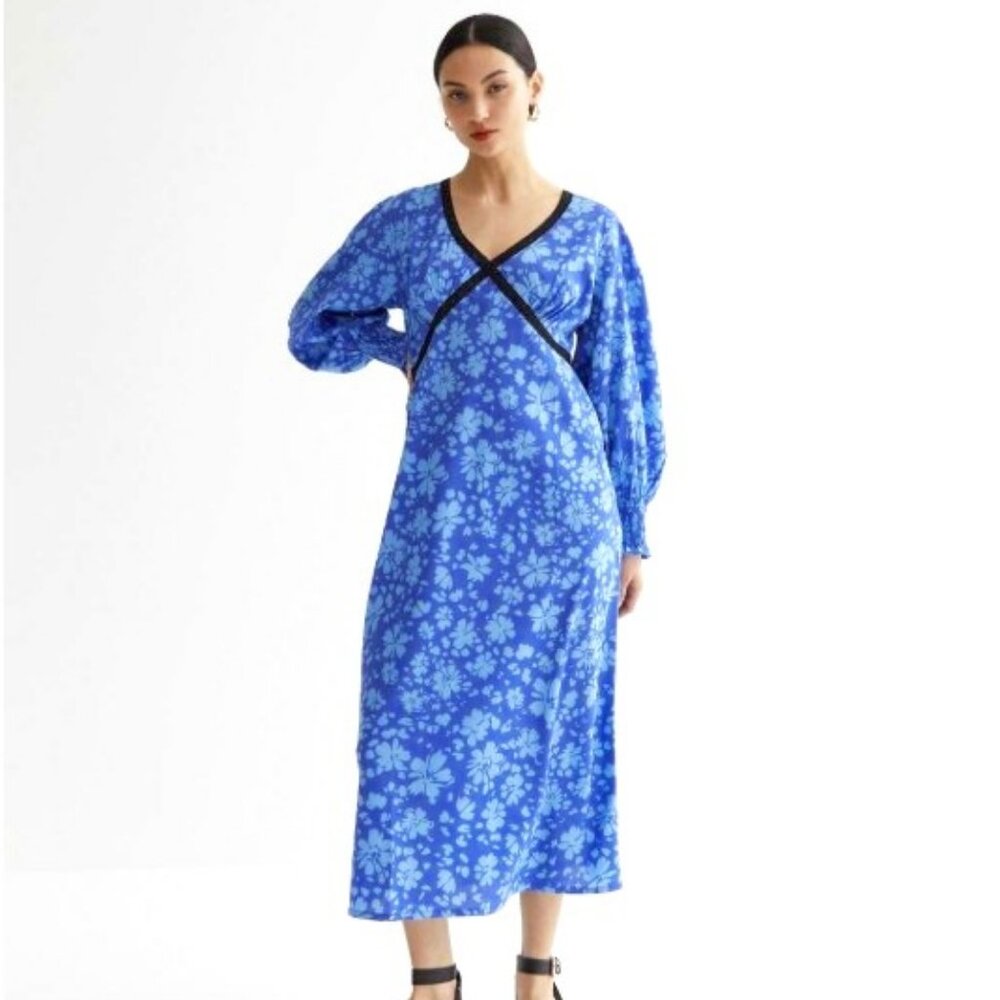 NWT New Look Petite Blue Floral Lace Trim Midi Dress in XSP